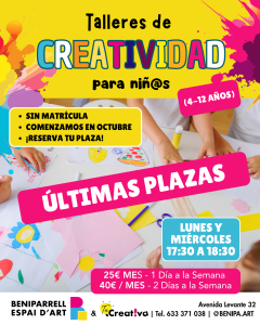 Niños y niñas participando en un taller de creatividad en Beniparrell Espai d’Art, realizando actividades artísticas y manualidades con papel y colores en una mesa.