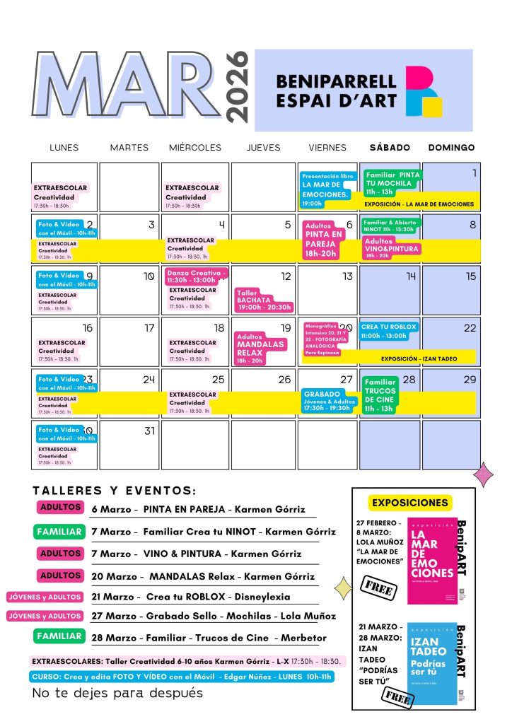 Calendario de Actividades del mes de Marzo en Beniparrell Espai dÁrt