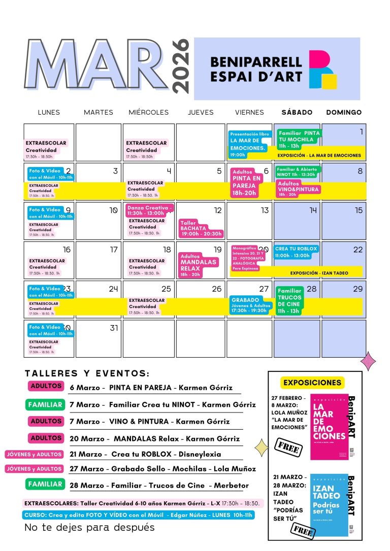 Calendario de Actividades del mes de Marzo en Beniparrell Espai dÁrt