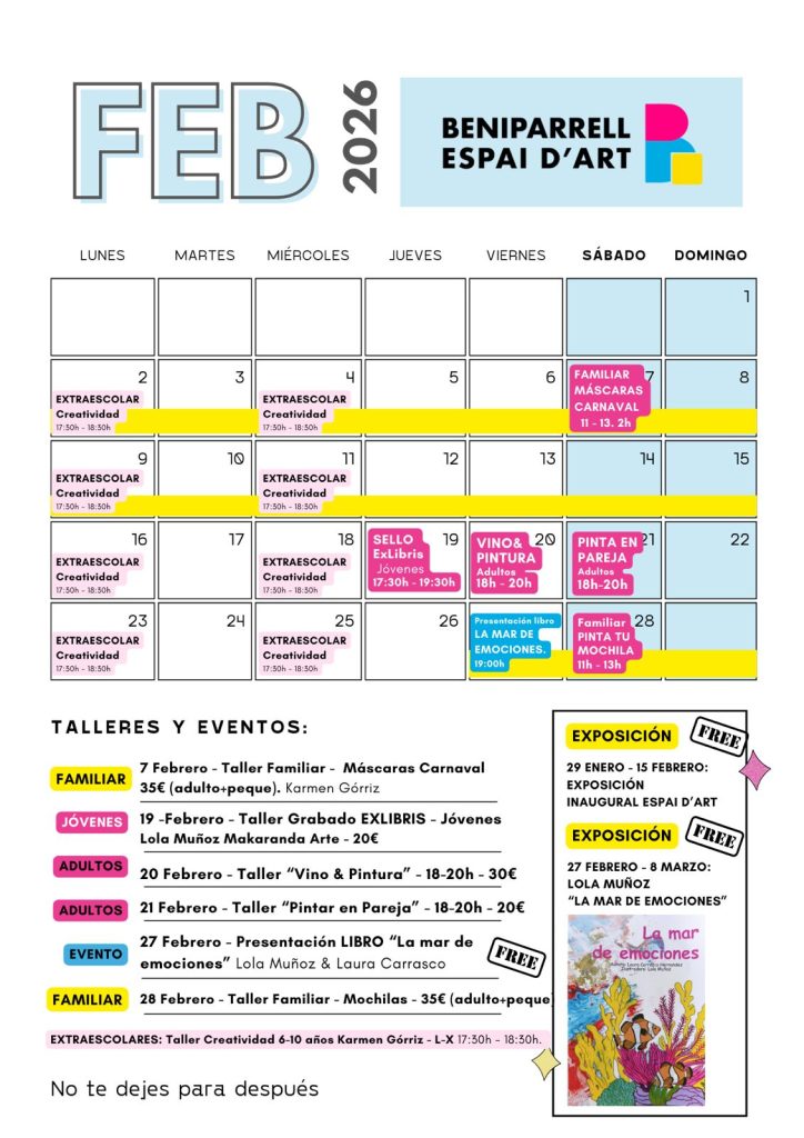 Calendario de actividades de nuestro espacio Beniparrell Espai d'Art