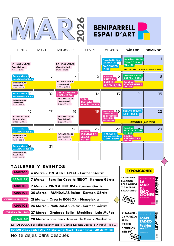 Calendario de Actividades del mes de Marzo en Beniparrell Espai dÁrt