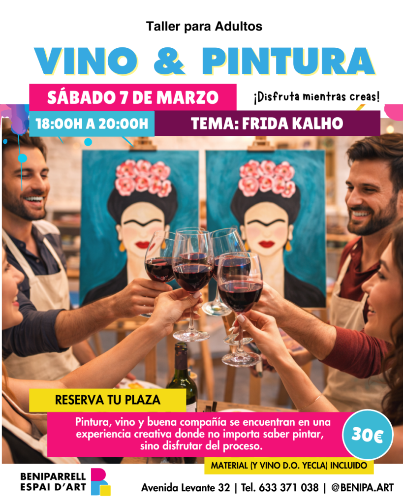 Taller vino y pintura Frida Kahlo para adultos con vino y pintura acrílica