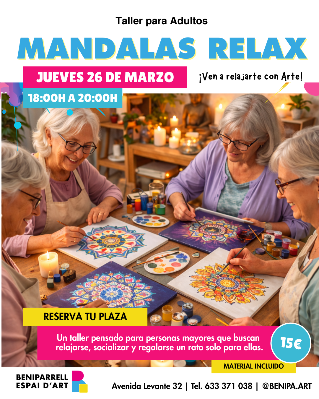 Taller Mandalas Relax para adultos en Beniparrell pintando mandalas en ambiente creativo y relajado