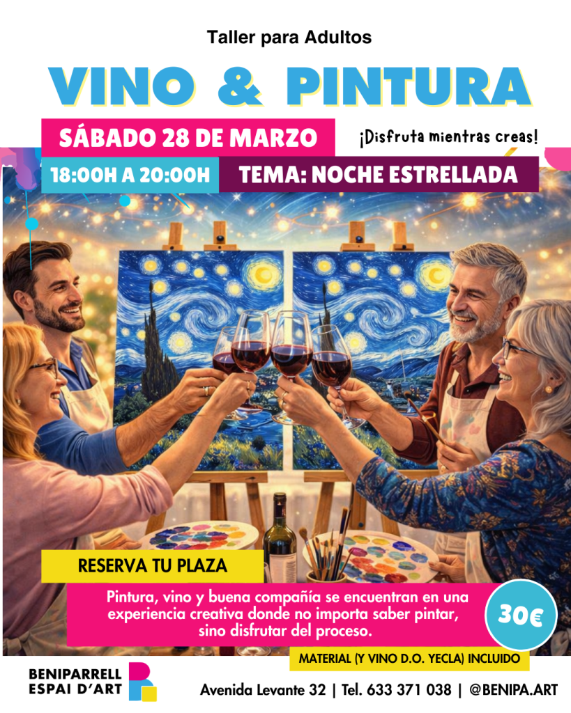 Taller vino y pintura noche estrellada para adultos pintando con copa de vino